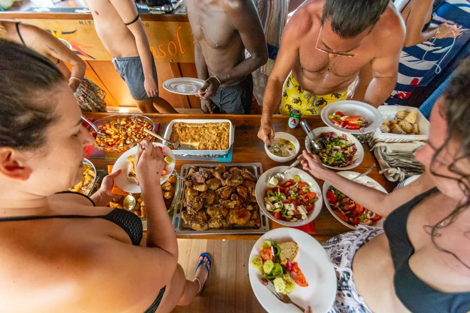 Guests helping themselves at the onboard lunch buffet, seen from above