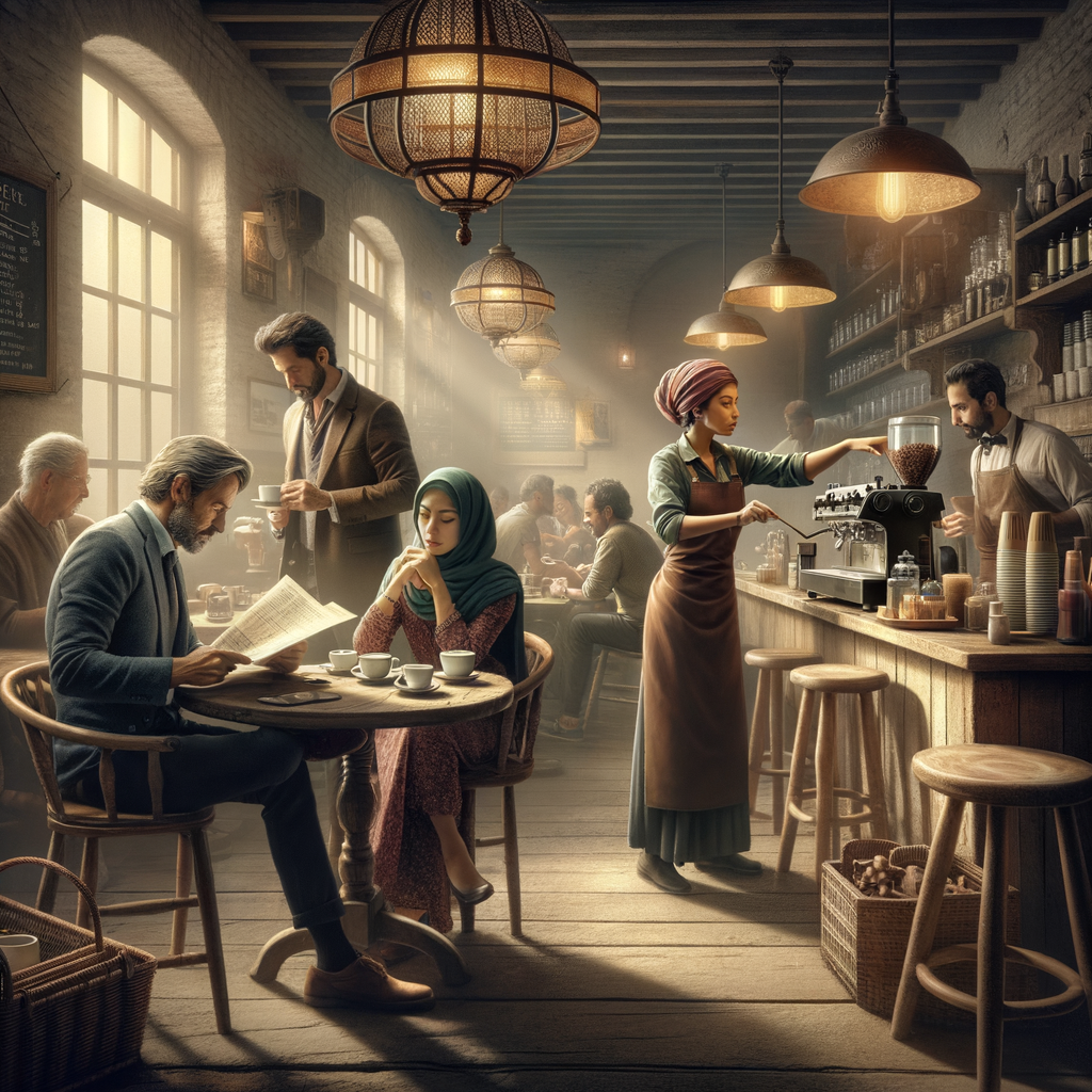 A cozy café scene with vibrant conversations.