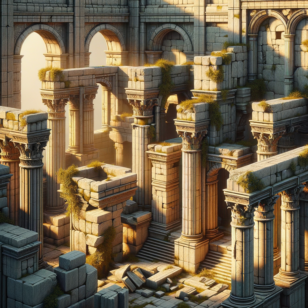 Ancient ruins bathed in golden sunlight.