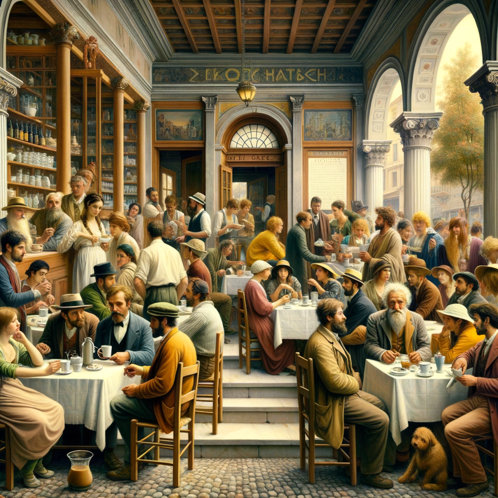 Bustling Athens café with lively patrons.