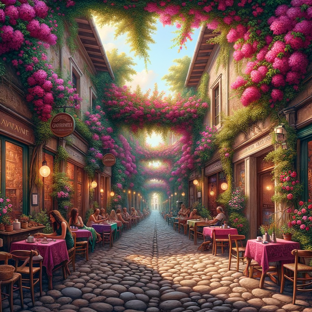 Charming alleyway with bougainvillea and cafes.
