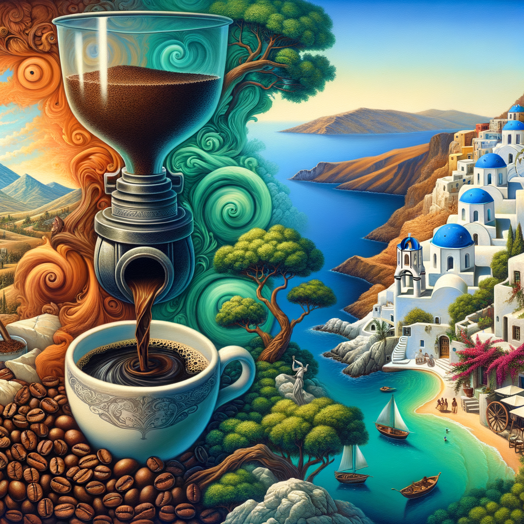 Coffee brewing juxtaposed with serene Greek islands.