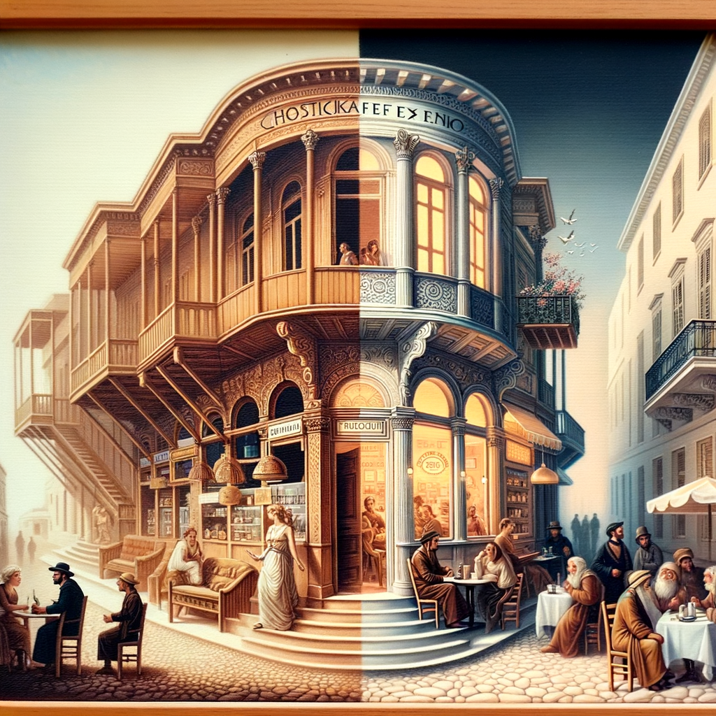 Historic kafeneio to chic modern café evolution.